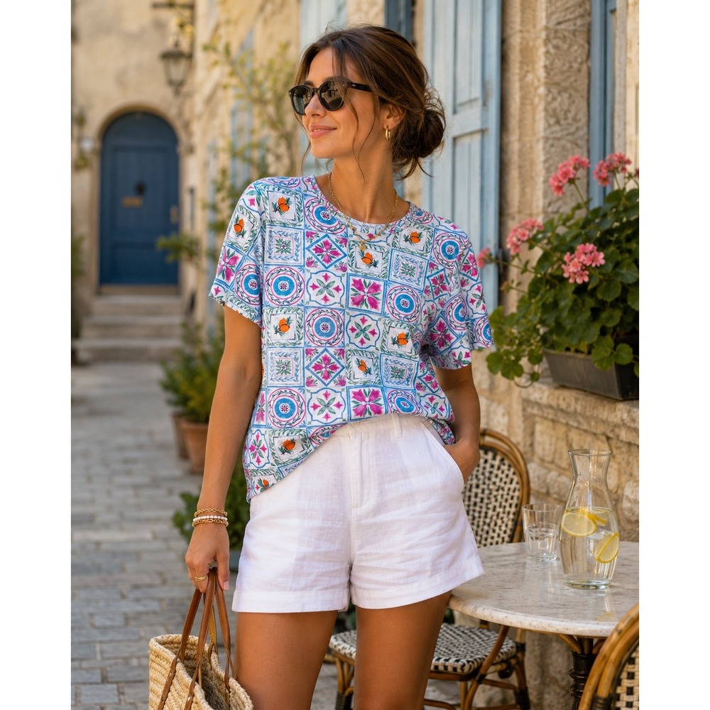 Kim Rogers T-Shirt White Tile Print Cotton Short Sleeve Small Mediterranean Tee